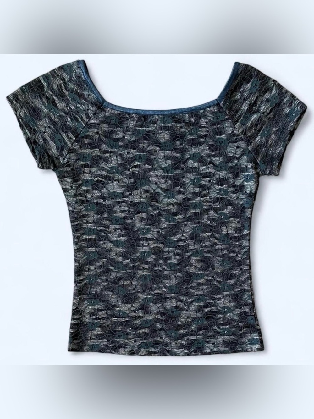 Vintage A'gaci Too Metallic Lace Top, Y2K Slate Blue & Silver, Fitted Stretch, S